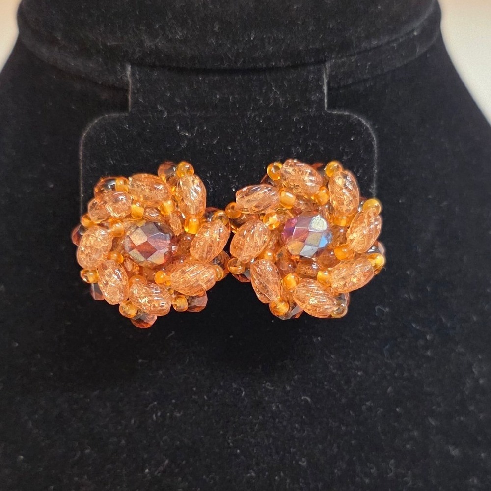 VTG West Germany Amber Aurora Borealis Glass Bead Cluster Clip On Earrings Gold